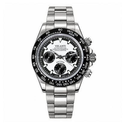 Veltona Black - White chronograph watch, front view on white background