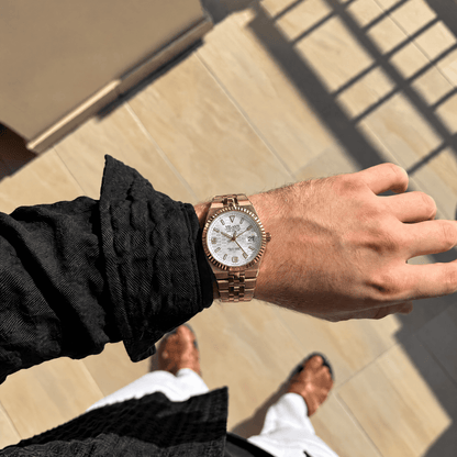 Landvel Rose Gold - White watch worn on the wrist, showing the dial and bracelet.