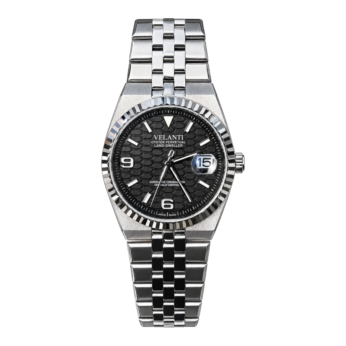 Velanti Landvel Silver Black watch, front view on white background.