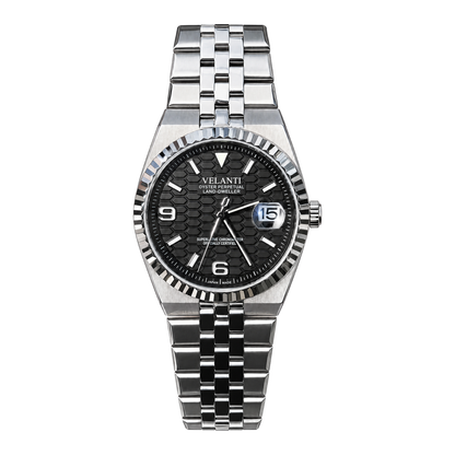 Velanti Landvel Silver Black watch, front view on white background.
