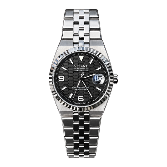Velanti Landvel Silver Black watch, front view on white background.