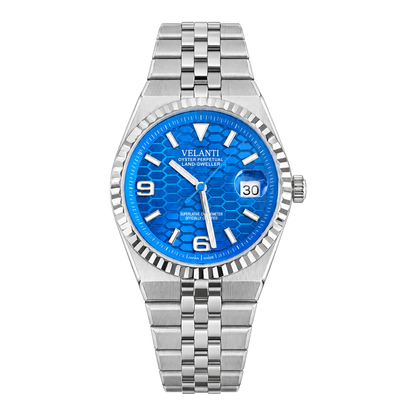 Velanti Landvel Silver Blue watch, front view on white background.