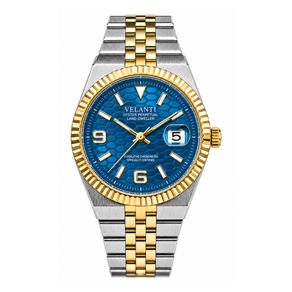 Velanti Landvel Gold Silver Blue watch, front view on white background.