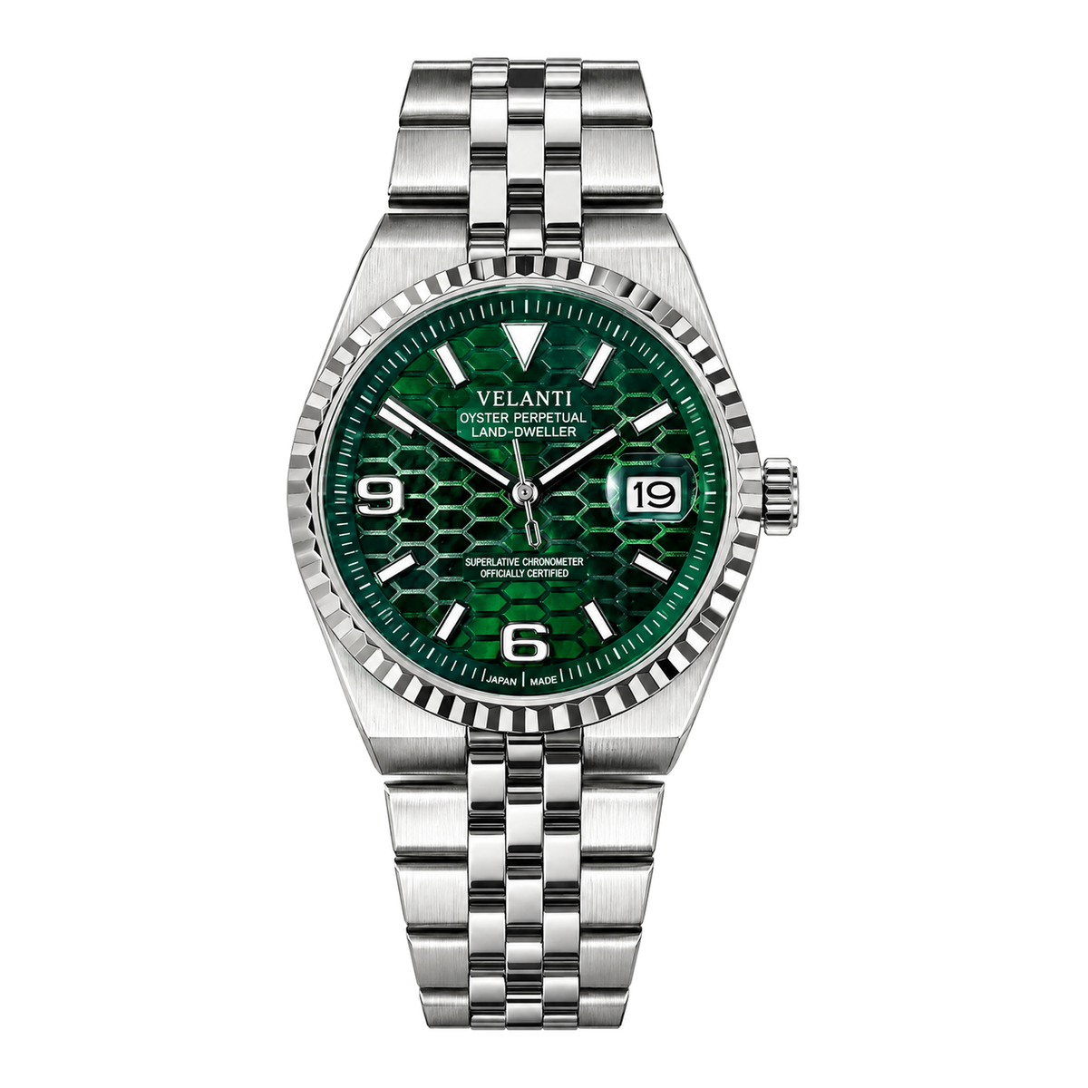 Velanti Landvel Silver Green watch, front view on white background.