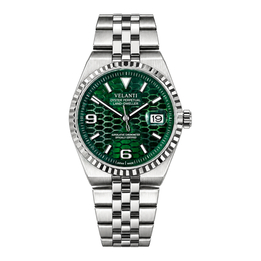 Velanti Landvel Silver Green watch, front view on white background.