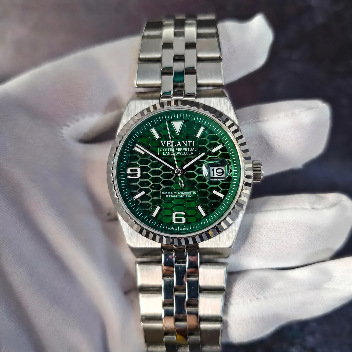 Velanti Landvel Silver Green watch, held or displayed view.