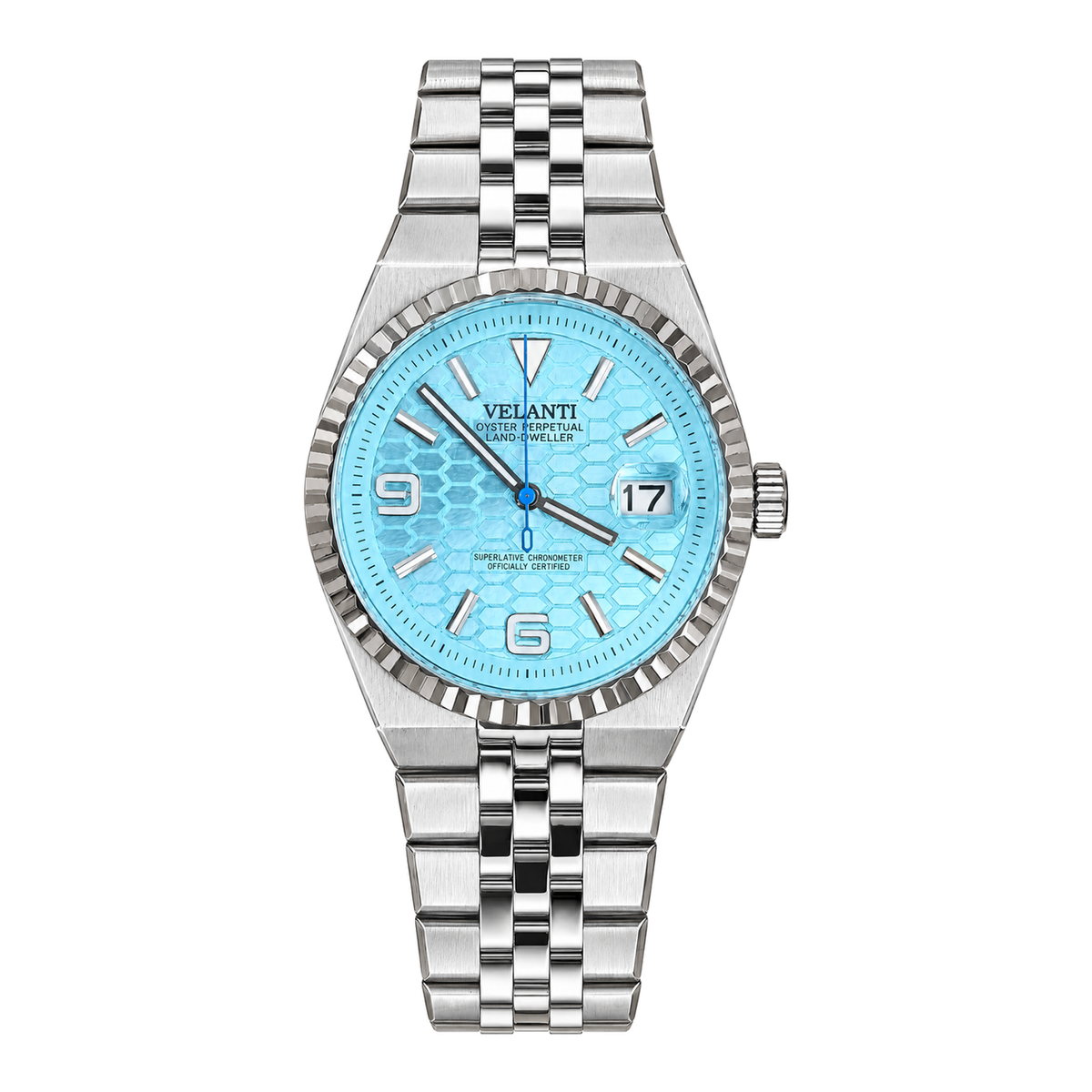 Velanti Landvel Silver Tiffany Blue watch, front view on white background.