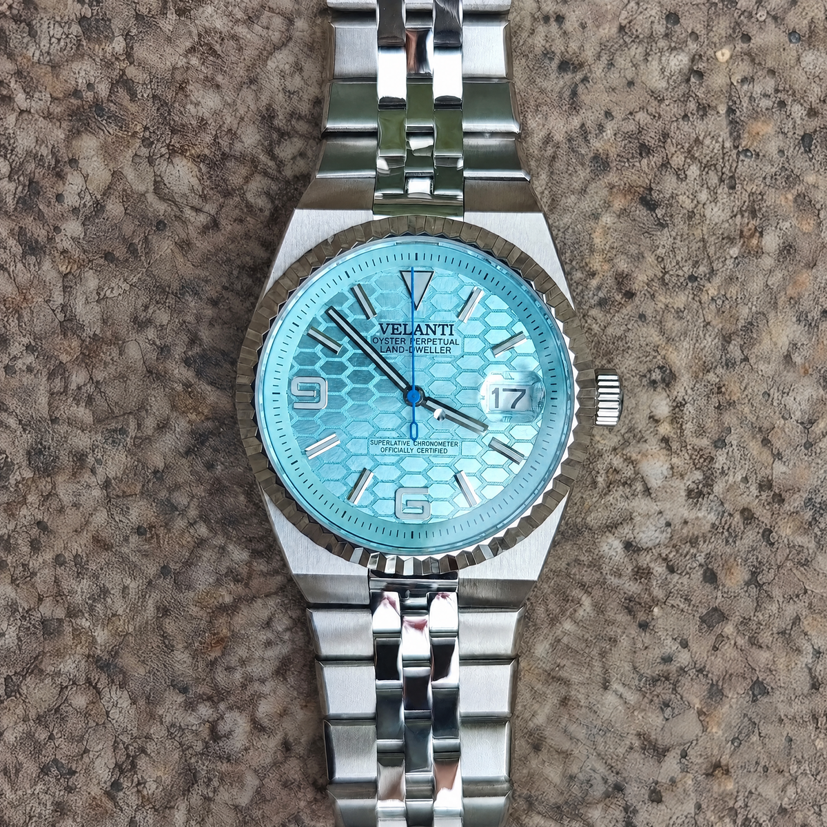 Velanti Landvel Silver Tiffany Blue watch, held or displayed view.