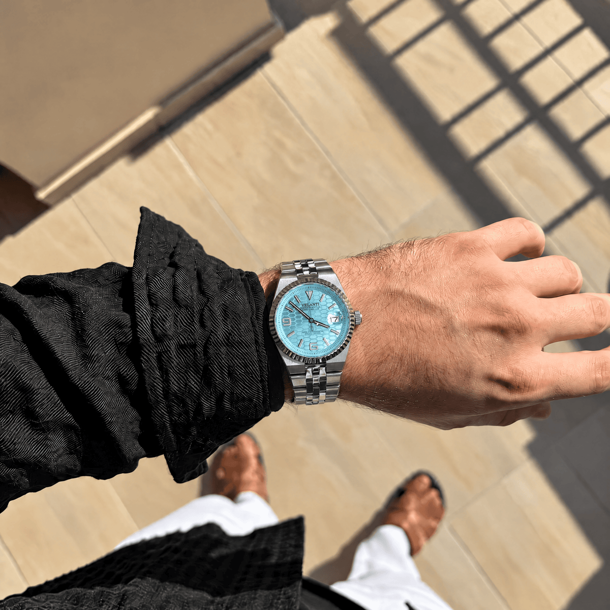 Landvel Silver - Light Blue watch worn on the wrist, showing the dial and bracelet.