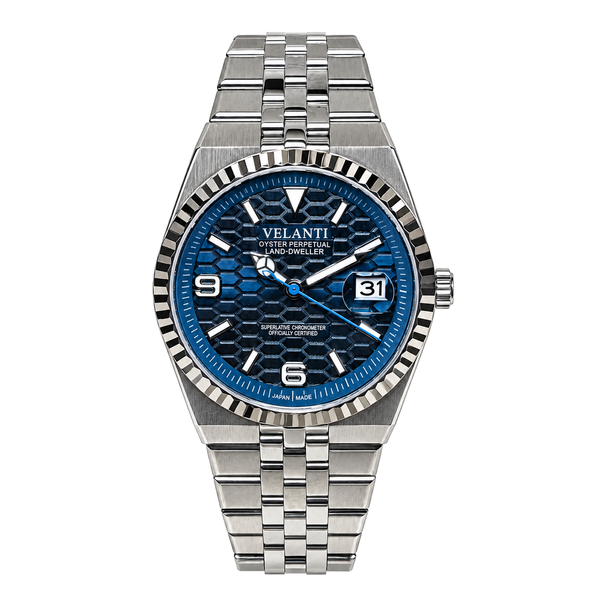 Velanti Landvel Silver Navy Blue watch, front view on white background.