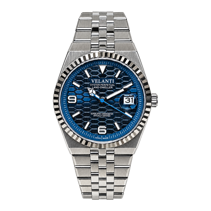 Velanti Landvel Silver Navy Blue watch, front view on white background.