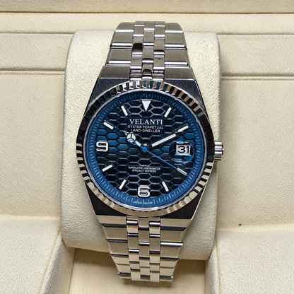 Velanti Landvel Silver Navy Blue watch, held or displayed view.