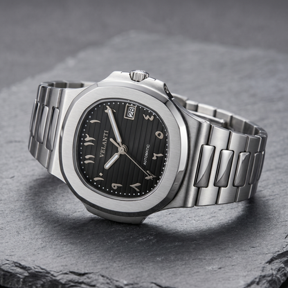 Nautilus-style custom automatic watch, Velanti Milano Nautvel Arabic Black, bracelet detail photo