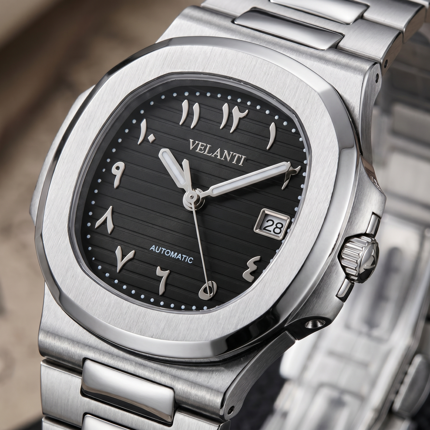 Nautilus-style custom automatic watch, Velanti Milano Nautvel Arabic Black, watch detail photo 5