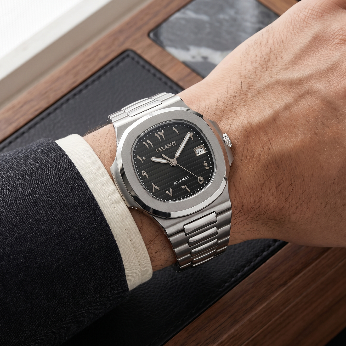 Nautilus-style custom mod watch, Velanti Milano Nautvel Arabic Black worn on wrist photo 8