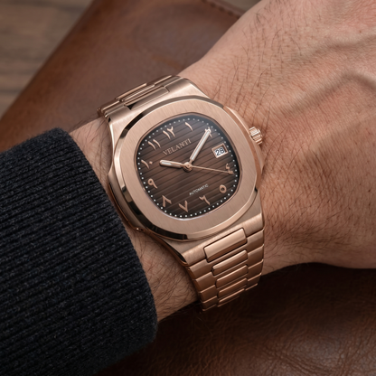 Nautilus-style custom mod watch, Velanti Milano Nautvel Arabic Rose Gold Chocolate worn on wrist photo 3