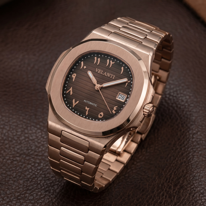 Nautilus-style custom automatic watch, Velanti Milano Nautvel Arabic Rose Gold Chocolate, bracelet detail photo