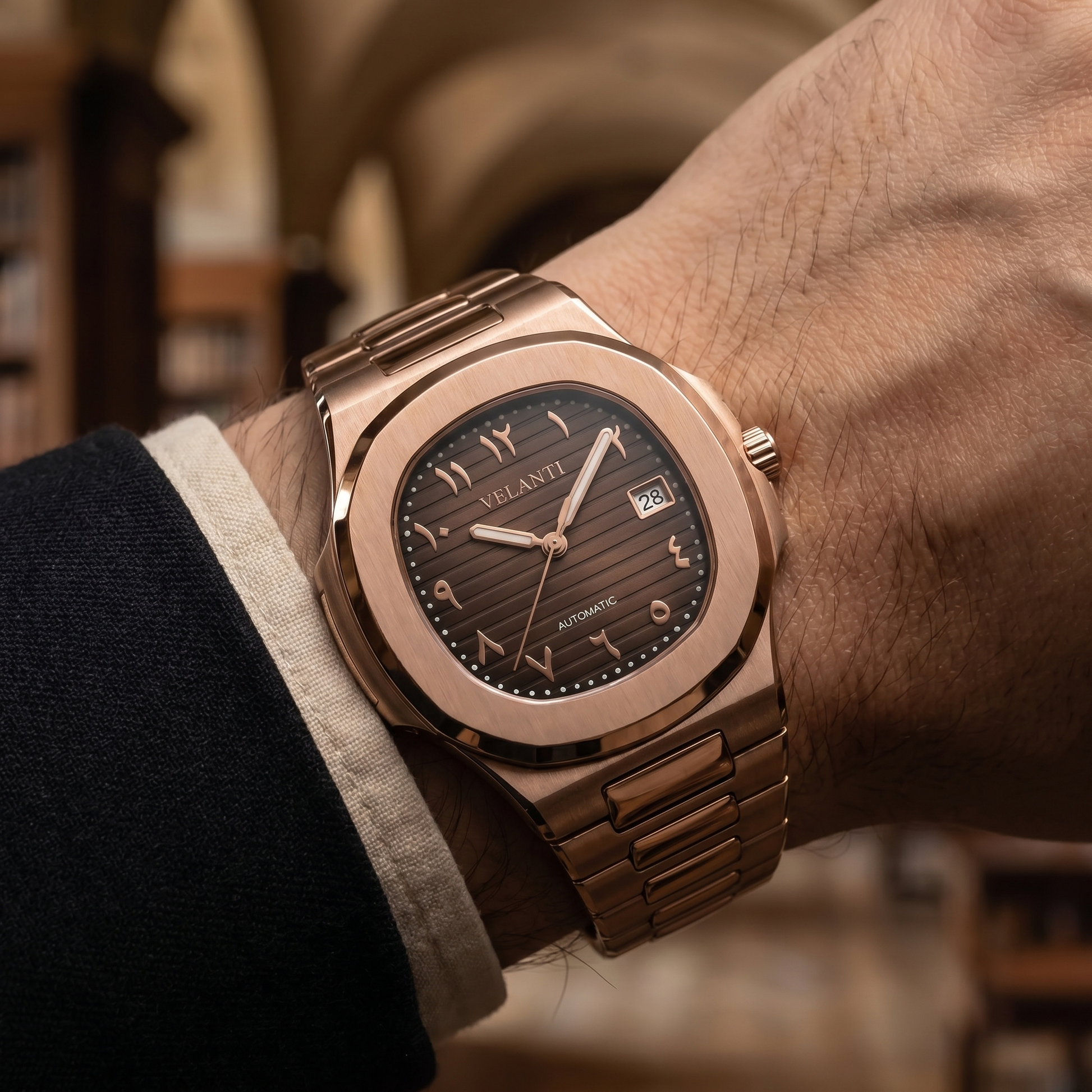 Nautilus-style custom mod watch, Velanti Milano Nautvel Arabic Rose Gold Chocolate, product photo 6
