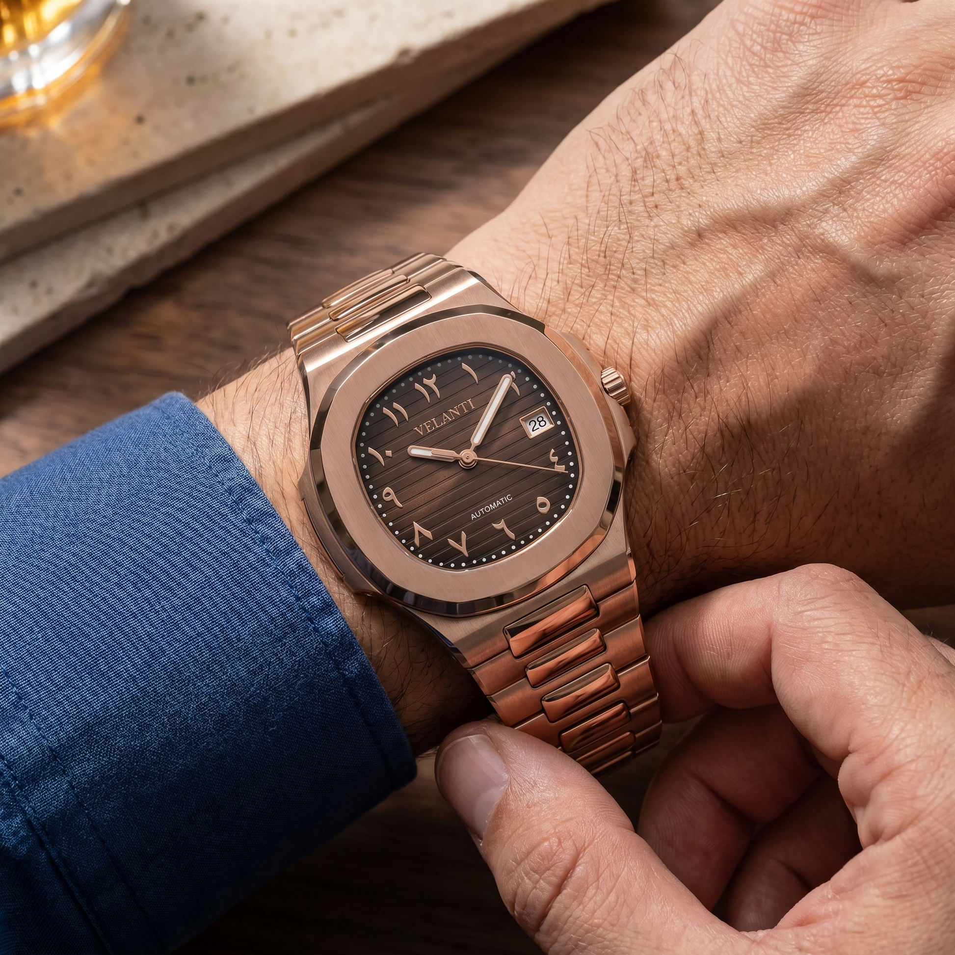 Nautilus-style custom mod watch, Velanti Milano Nautvel Arabic Rose Gold Chocolate worn on wrist photo 8