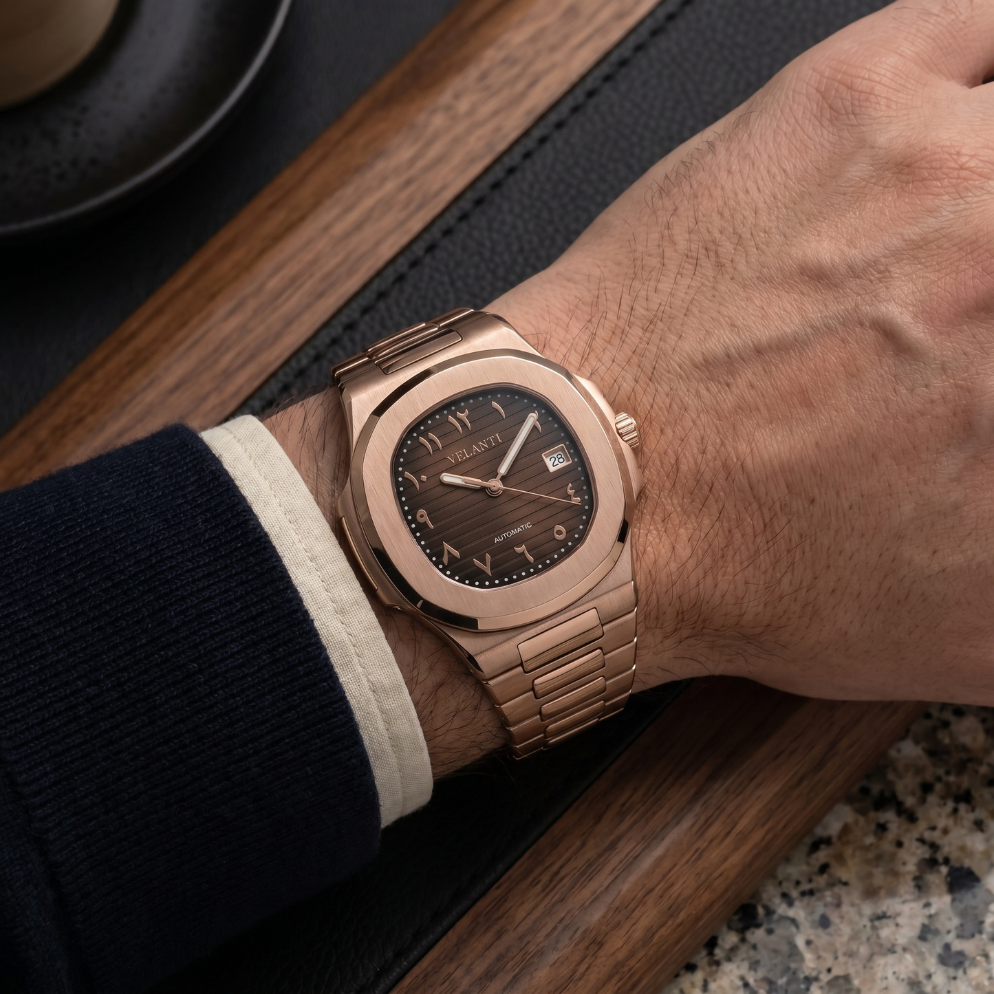 Nautilus-style custom mod watch, Velanti Milano Nautvel Arabic Rose Gold Chocolate worn on wrist photo 10