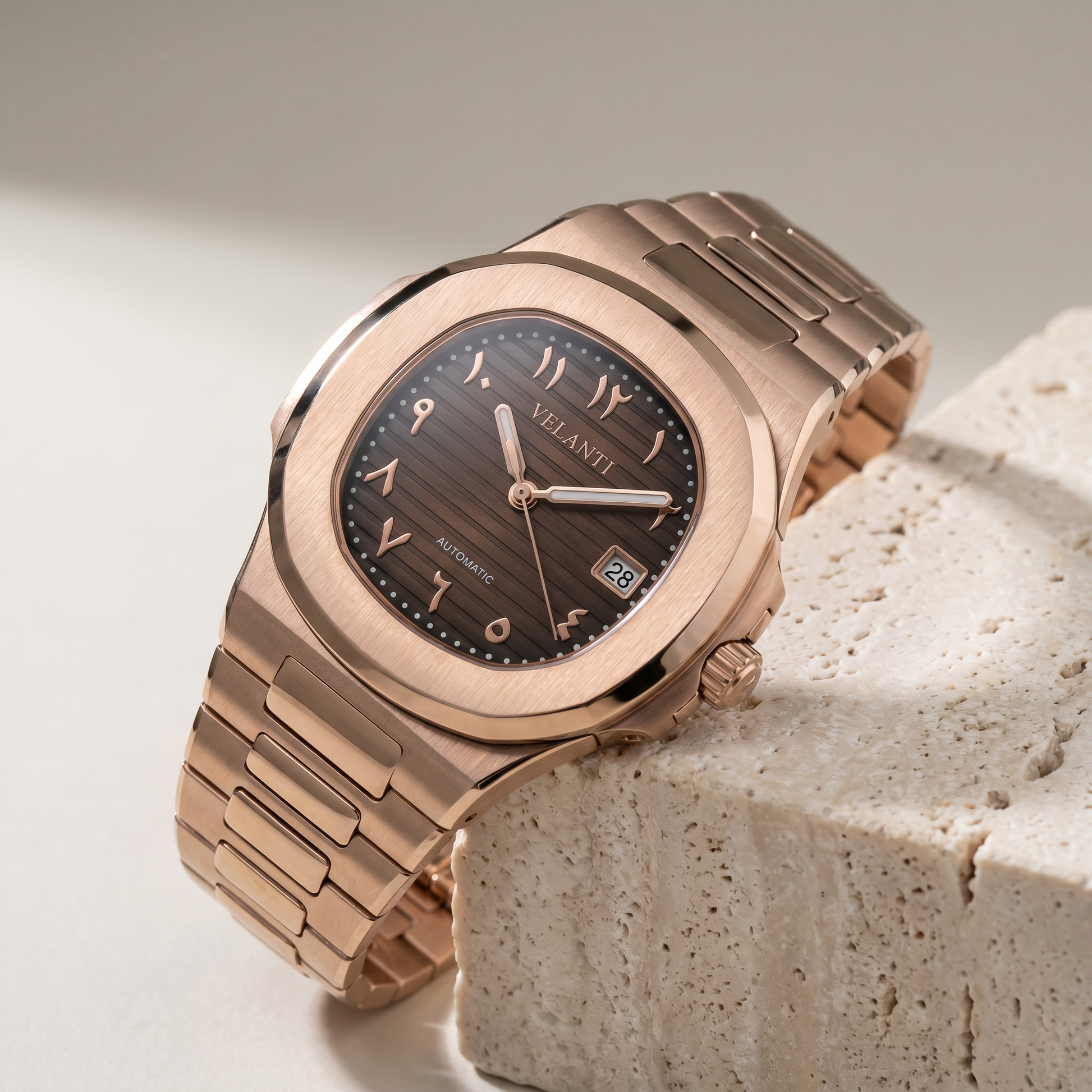 Nautilus-style custom mod watch, Velanti Milano Nautvel Arabic Rose Gold Chocolate, product photo 2