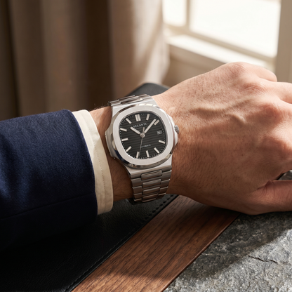 Nautilus-style custom mod watch, Velanti Milano Nautvel Black worn on wrist photo 7