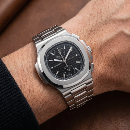 Nautilus-style custom chronograph watch, Velanti Milano Nautvel Chrono Black worn on wrist photo 7