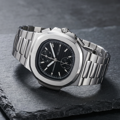 Nautilus-style custom chronograph watch, Velanti Milano Nautvel Chrono Black, bracelet detail photo