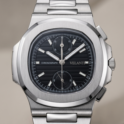 Nautilus-style custom chronograph watch, Velanti Milano Nautvel Chrono Black, watch detail photo 10