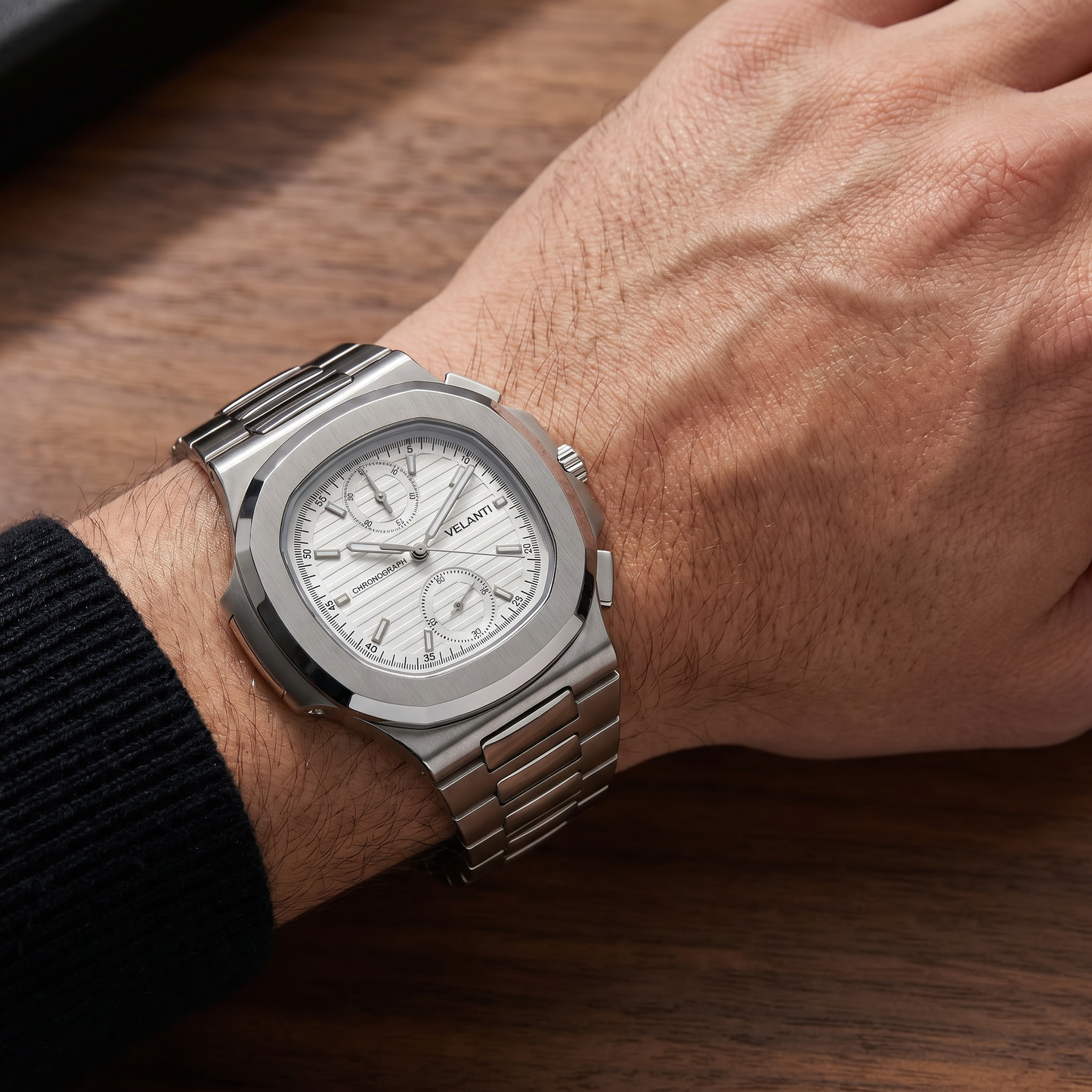 Nautilus-style custom chronograph watch, Velanti Milano Nautvel Chrono White worn on wrist photo 6
