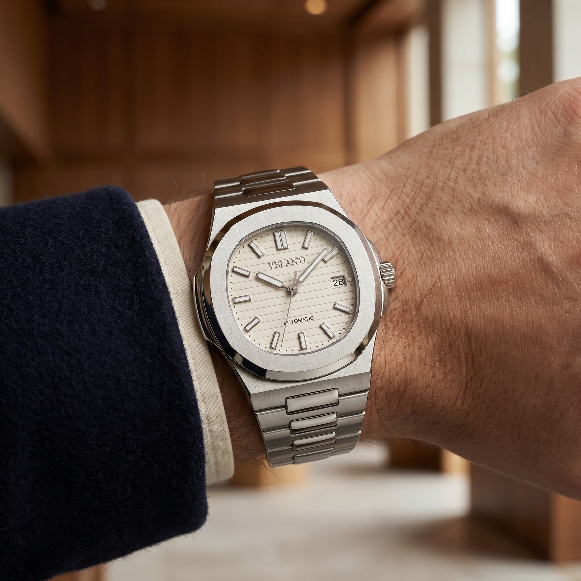 Nautilus-style custom mod watch, Velanti Milano Nautvel Cream, product photo 6