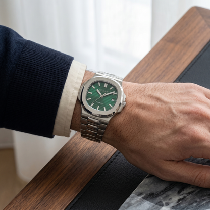 Nautilus-style custom mod watch, Velanti Milano Nautvel Metallic Green worn on wrist photo 6