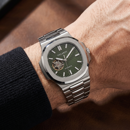 Nautilus-style custom mod watch, Velanti Milano Nautvel Olive Green Open Movement worn on wrist photo 5