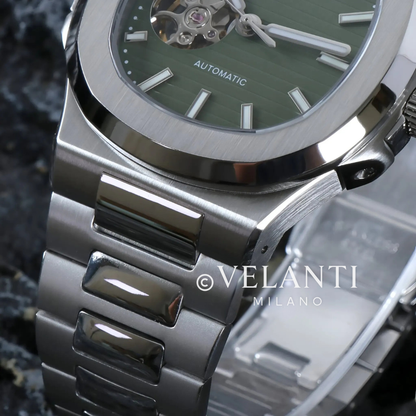Nautilus-style custom mod watch, Velanti Milano Nautvel Olive Green Open Movement, product photo 6