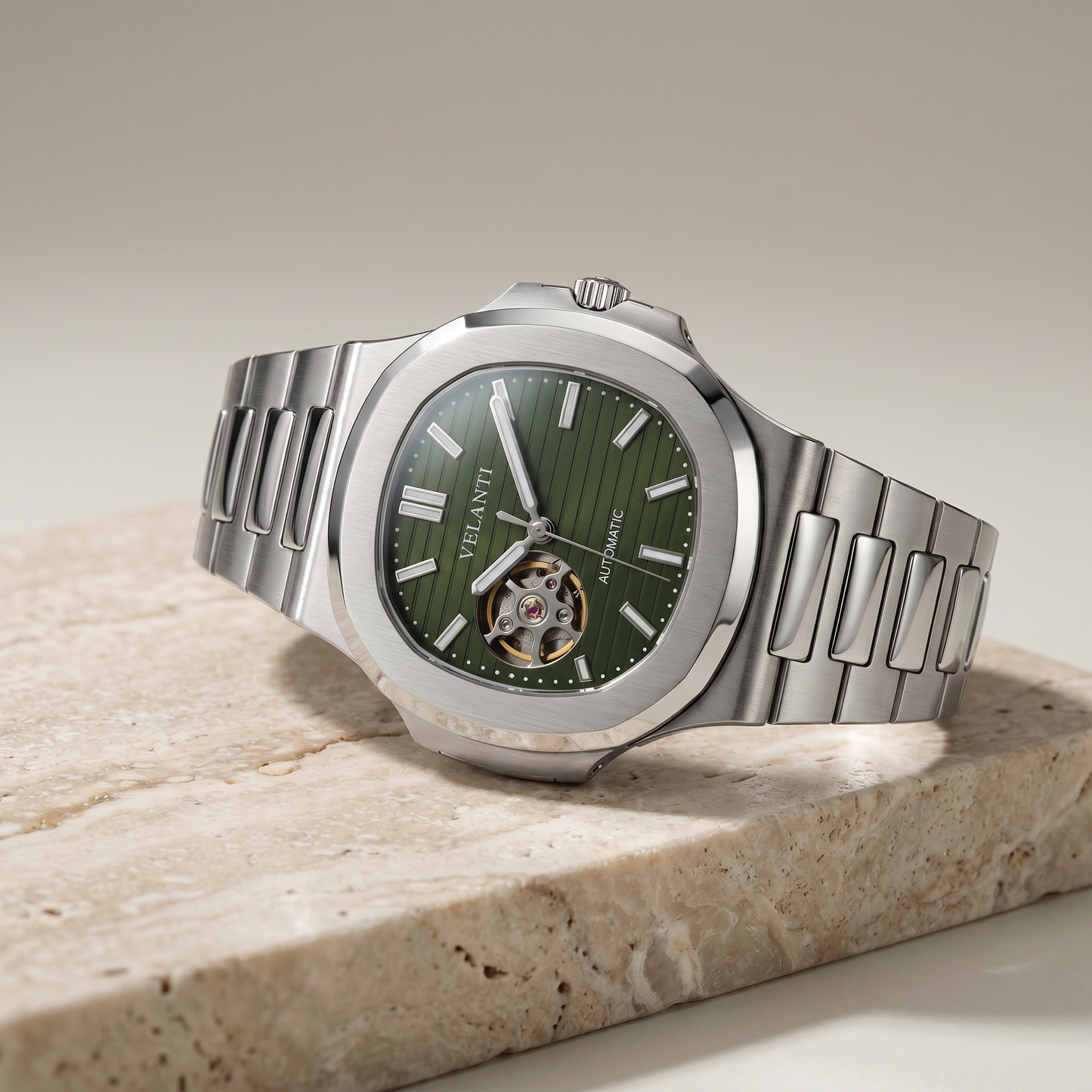 Nautilus-style custom mod watch, Velanti Milano Nautvel Olive Green Open Movement, product photo 3