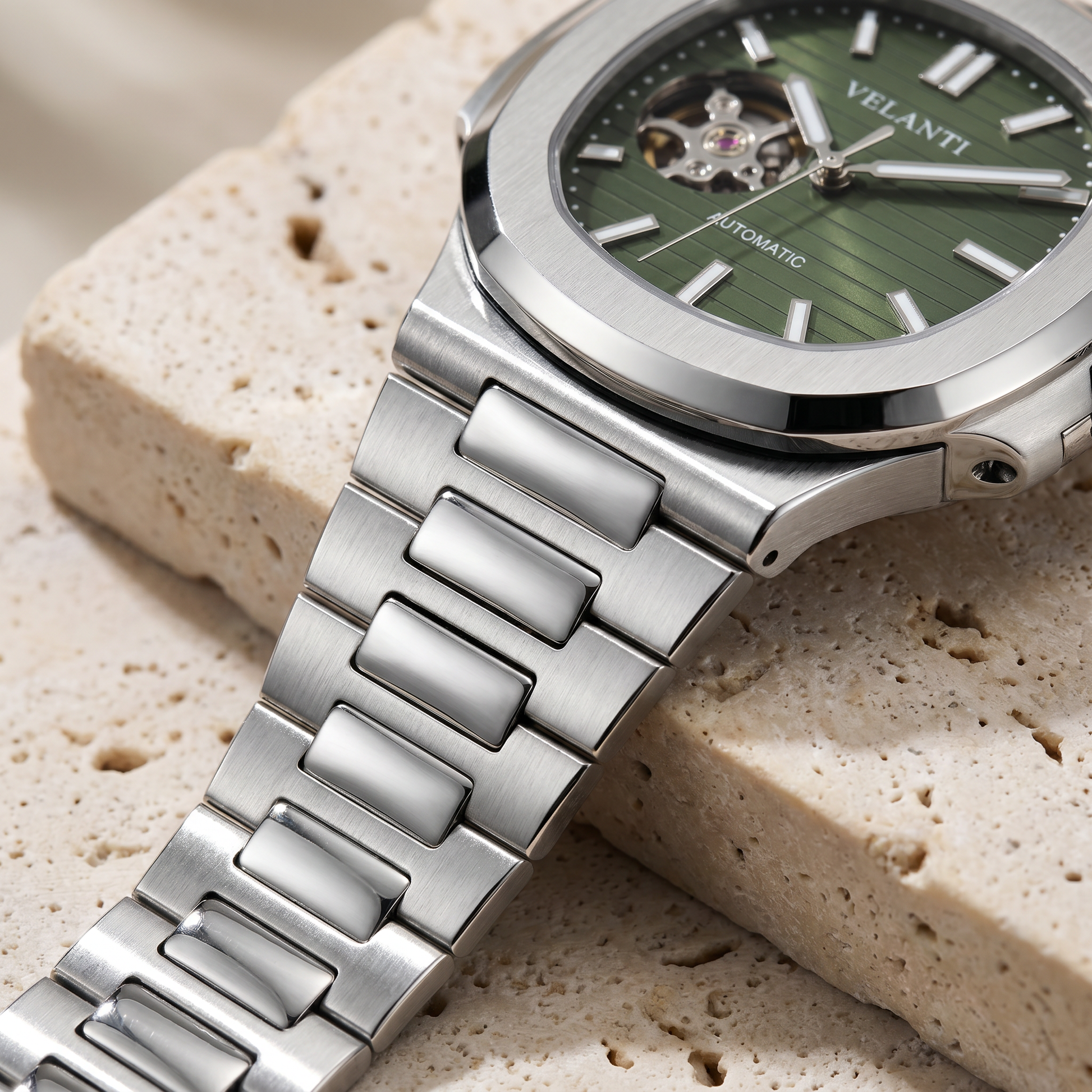 Nautilus-style custom mod watch, Velanti Milano Nautvel Olive Green Open Movement, product photo 4