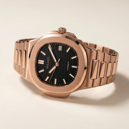 Nautilus-style custom automatic watch, Velanti Milano Nautvel Rose Gold Black, watch detail photo 9