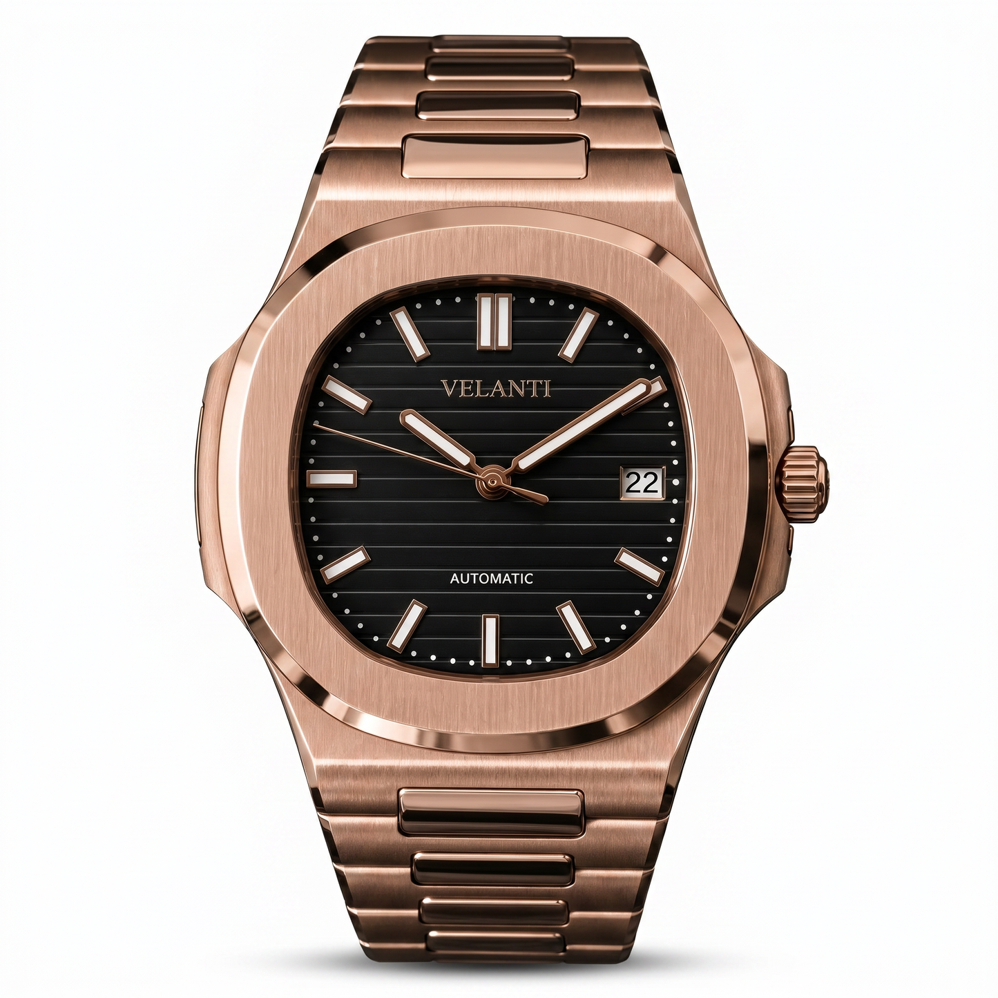 Nautilus-style custom mod watch, Velanti Milano Nautvel Rose Gold Black, main product photo