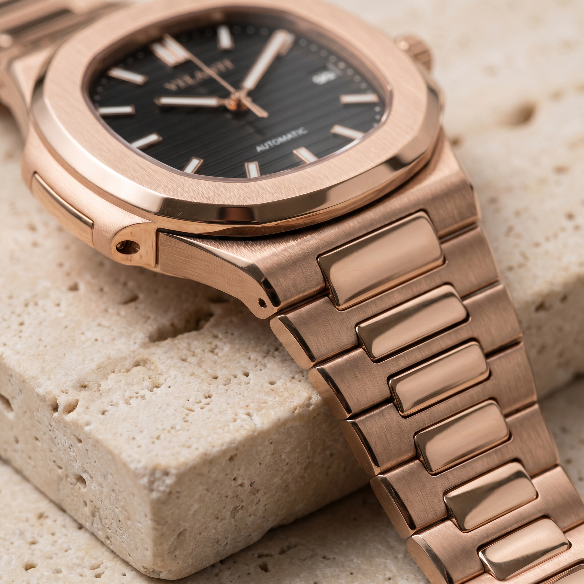 Nautilus-style custom mod watch, Velanti Milano Nautvel Rose Gold Black, product photo 3