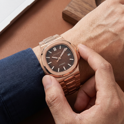Nautilus-style custom mod watch, Velanti Milano Nautvel Rose Gold Brown worn on wrist