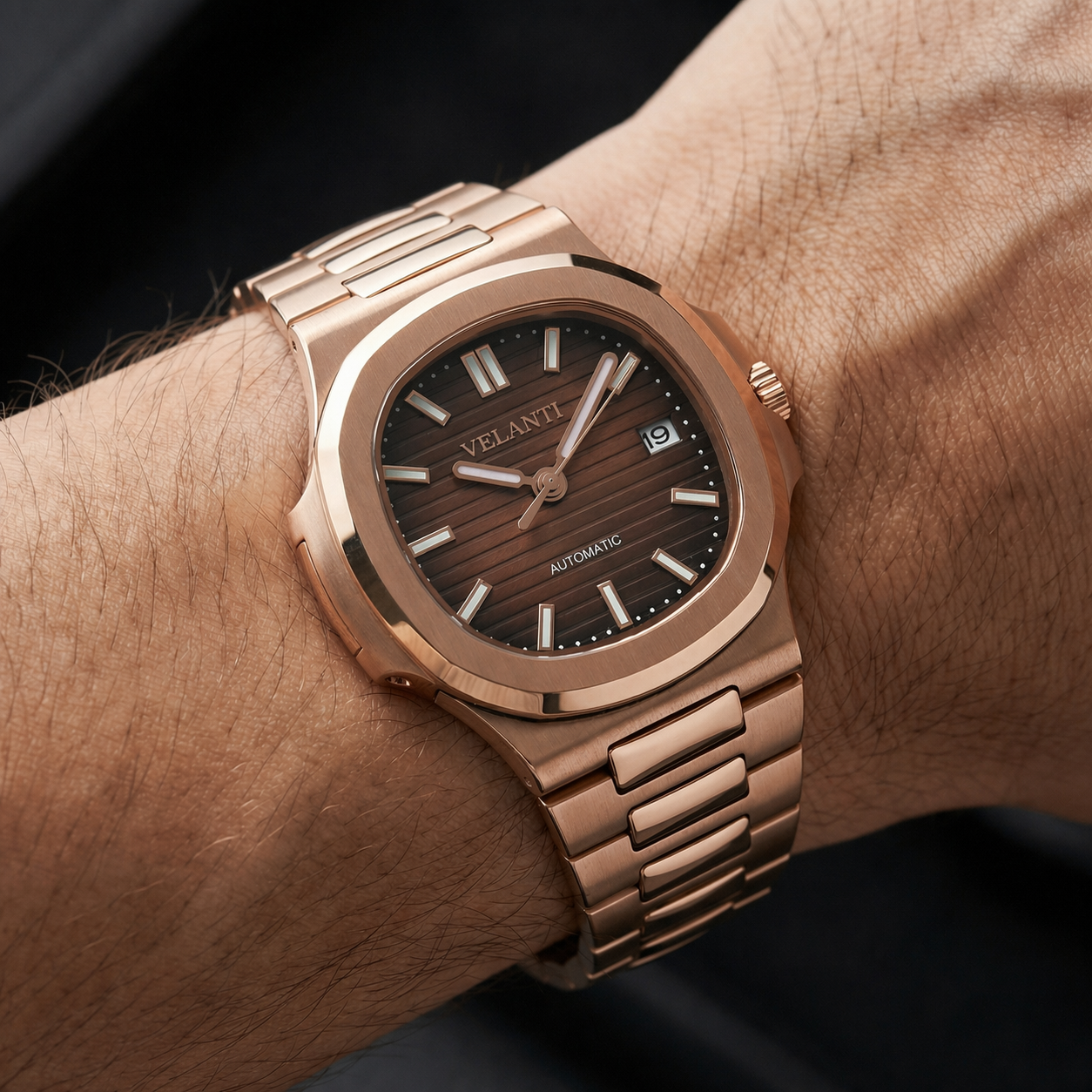 Nautilus-style custom mod watch, Velanti Milano Nautvel Rose Gold Brown, product photo 3