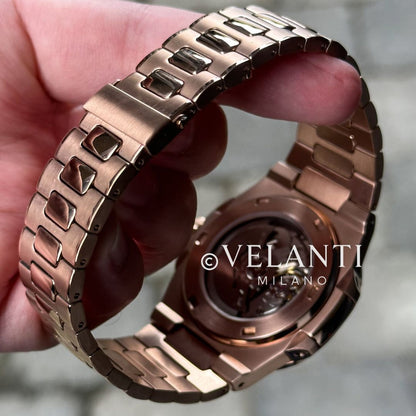 Nautilus-style custom mod watch, Velanti Milano Nautvel Rose Gold Chocolate Open Heart, product photo 7