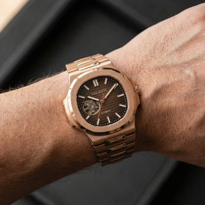Nautilus-style custom mod watch, Velanti Milano Nautvel Rose Gold Chocolate Open Heart, product photo 3