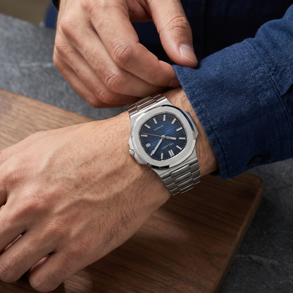 Nautilus-style custom mod watch, Velanti Milano Nautvel Royal Blue worn on wrist