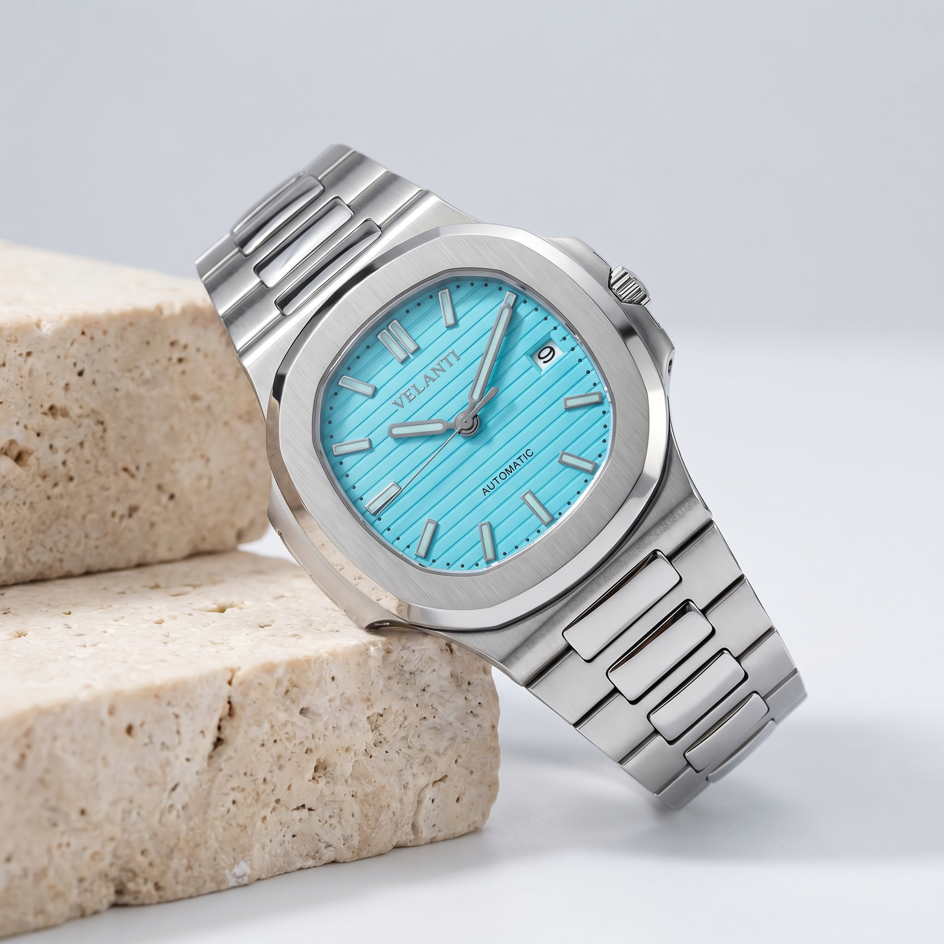 Nautilus-style custom mod watch, Velanti Milano Nautvel Tiffany Blue, product photo 2