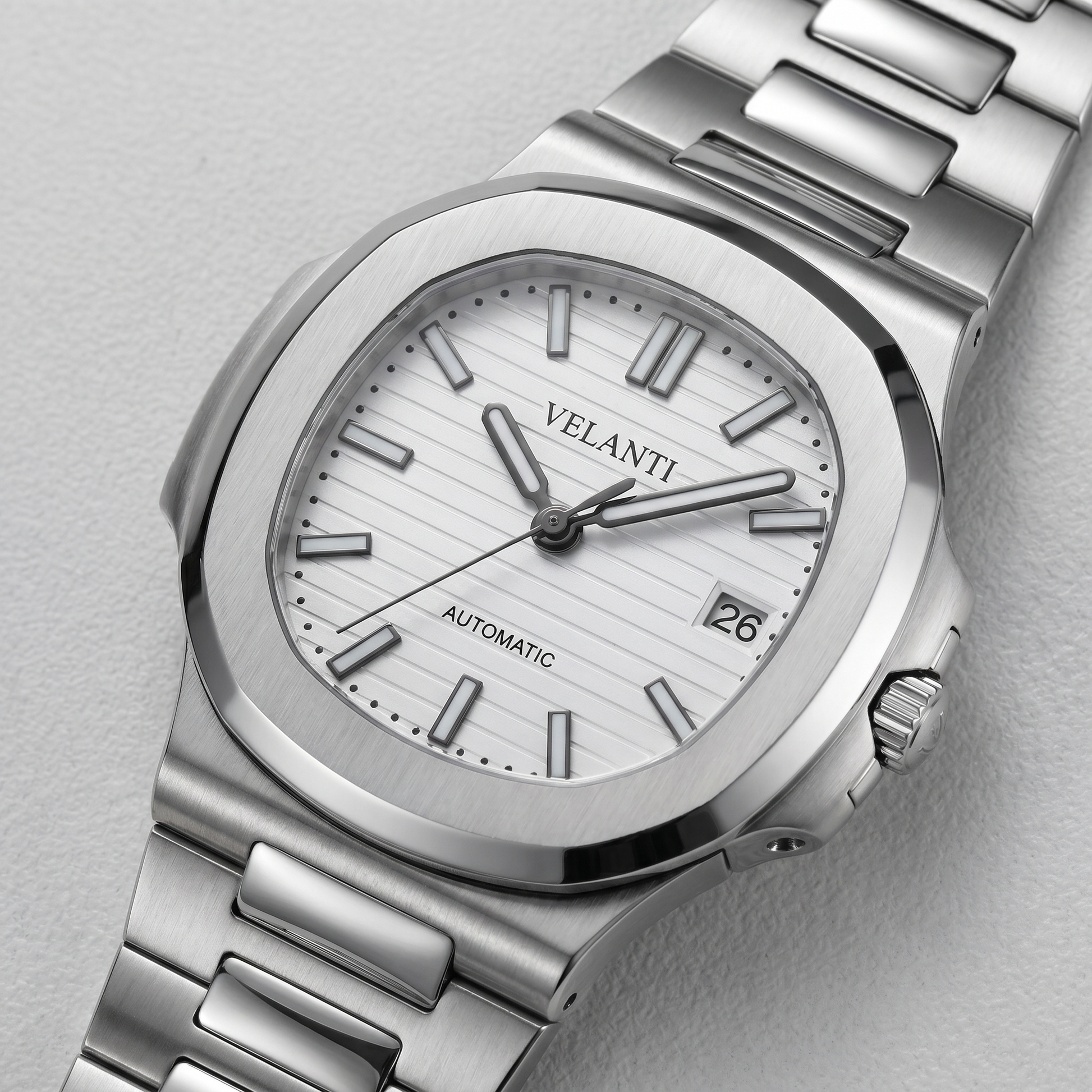 Nautilus-style custom automatic watch, Velanti Milano Nautvel White, watch detail photo 9