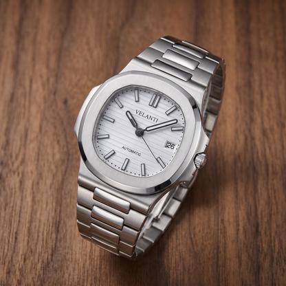 Nautilus-style custom automatic watch, Velanti Milano Nautvel White, watch detail photo 10