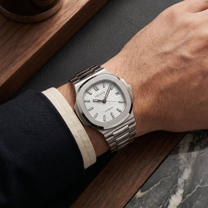 Nautilus-style custom mod watch, Velanti Milano Nautvel White worn on wrist photo 4