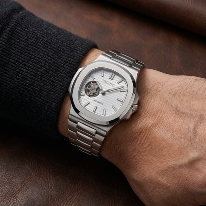 Nautilus-style custom mod watch, Velanti Milano Nautvel White Open Heart worn on wrist photo 5