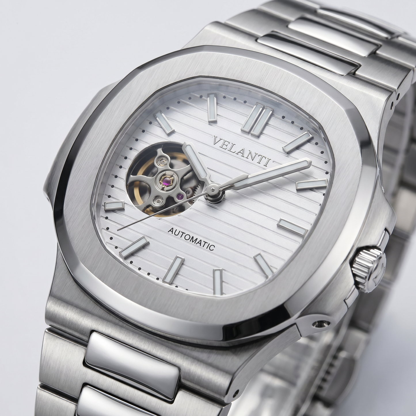 Nautilus-style custom mod watch, Velanti Milano Nautvel White Open Heart, product photo 2